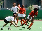 Canada's Satinder Chohan (foreground) plays field hockey at the 1984 Los Angeles Olympic Games. (CP Photo/ COA/ Ted Grant)