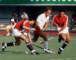 Canada's Ken Goodwin (goalie) plays field hockey at the 1988 Seoul Olympic Games. (CP Photo/ COA/ T. Grant)