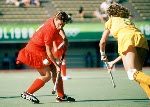Canada's Sharon Creelman (centre) Deb Covey (right) and Debbie Whitten (goalie) competing in the field hockey event at the 1992 Olympic games in Barcelona. (CP PHOTO/ COA/Claus Andersen)