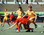 Canada's Shona Schleppe (in front) plays field hockey at the 1988 Seoul Olympic Games. (CP Photo/ COA/ T. Grant)