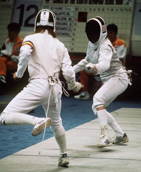 Canada's Thalie Tremblay (right) competes in the fencing event at the 1988 Olympic games in Seoul. (CP PHOTO/ COA/ F.S.G.)