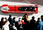 (De gauche  droite) Greg Haydenluck, Cal Langford, Kevin Tyler et Lloyd Guss du Canada participent  l'preuve de bobsleigh  quatre aux Jeux olympiques d'hiver de Calgary de 1988. (Photo PC/AOC)