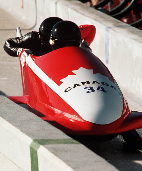 Canada's David Levity and Kevin Tyler compete in the two man bobsleigh event at the 1988 Calgary Winter Olympics. (CP PHOTO/ COA/ T. O'lett)