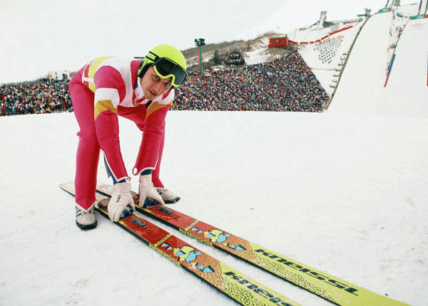 Canada's Ron Richards participates in the ski jumping event at the 1988 Winter Olympics in Calgary. (CP PHOTO/COA/ J. Gibson)