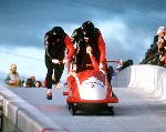 Canada's Chris Lori and Glenroy Gilbert compete in the two-man bobsleigh event at the 1994 Lillehammer Winter Olympics. (CP PHOTO/ COA/F. Scott Grant)