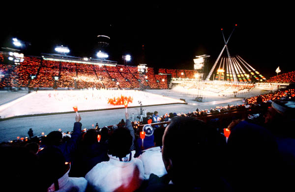 Participants perform during closing ceremonies at the 1988 Winter Olympics in Calgary. (CP PHOTO/COA/ F.S.Grant)