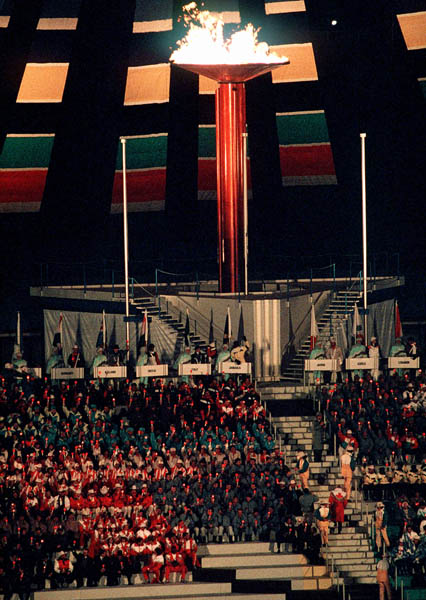 The olympic flame burns during closing ceremonies at the 1988 Winter Olympics in Calgary. (CP PHOTO/COA/ F.S.Grant)