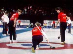 (From left) Canada's Penny Ryan, Linda Moore and Debbie Jones compete in the curling event at the 1988 Calgary Olympic winter Games. (CP PHOTO/COA/Ted Grant)