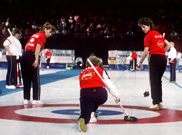 (From left to right) Canada's Debbie Jones, Lindsay Sparks and Penny Ryan compete in the curling event at the 1988 Calgary Olympic winter Games. (CP PHOTO/COA/Ted Grant)