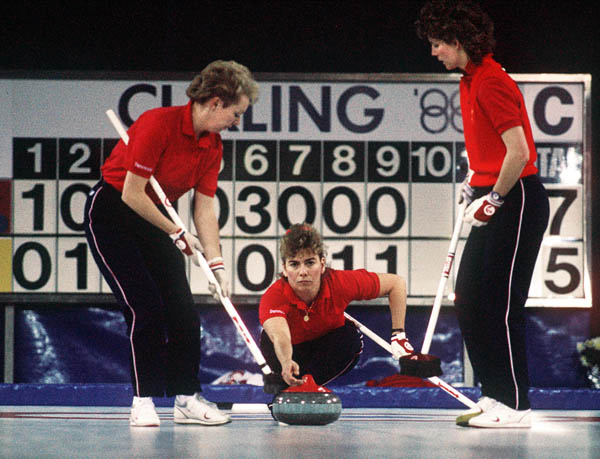 (From left to right) Canada's  Lindsay Sparks, Debbie Jones and Penny Ryan compete in the curling event at the 1988 Calgary Olympic winter Games. (CP PHOTO/COA/Ted Grant)
