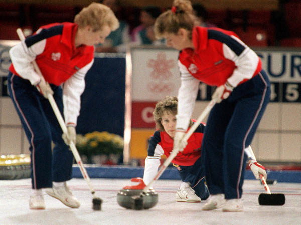 (From left to right) Canada's Lindsay Sparks, Penny Ryan and  Debbie Jones compete in the curling event at the 1988 Calgary Olympic winter Games. (CP PHOTO/COA/Ted Grant)