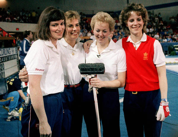 (From left to right) Canada's Linda Moore, Debbie Jones, Lindsay Sparkes and Penny Ryan compete in the curling event at the 1988 Calgary Olympic winter Games. (CP PHOTO/COA/Ted Grant)