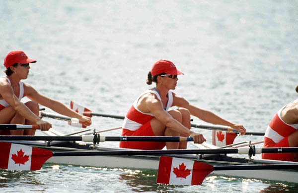 Canada's women's 4x rowing team, including Laryssa Biesenthal (left) and Marnie McBean, competes at the 1996 Olympic games in Atlanta. (CP PHOTO/ COA/ Claus Andersen)