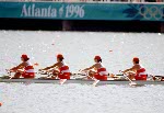 Canada's women's 4x rowing team from left, Kathleen Heddle, Diane O'Grady, Marnie McBean and Laryssa Biesenthal competes at the 1996 Olympic games in Atlanta. (CP PHOTO/ COA/ Claus Andersen)