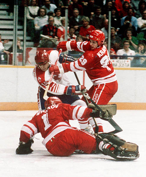 Canada's Marc Habscheid (#14) participates in the hockey event at the 1988 Winter Olympics in Calgary. (CP PHOTO/ COA/ S.Grant)