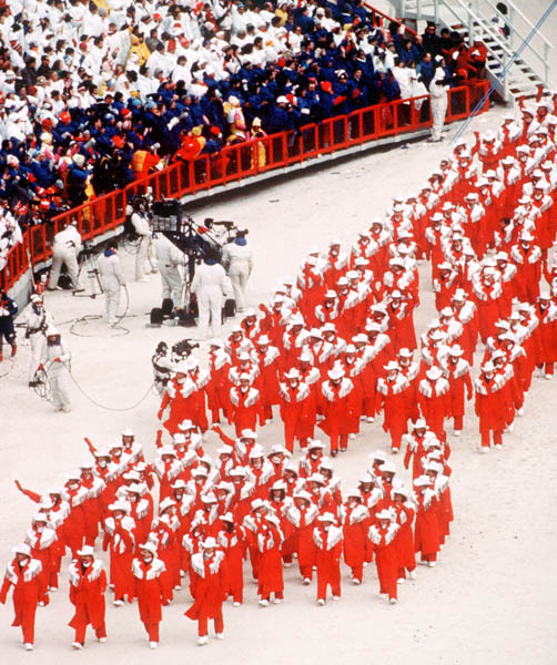 Canada's Olympic Athletes participating in the opening ceremonies at the 1988 Winter Olympics in Calgary. (CP PHOTO/COA/ T. O'lett)
