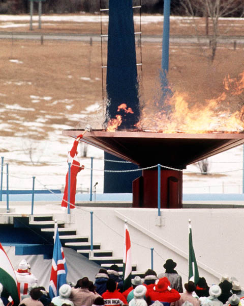Canada's Robyn Perry lights the Olympic flame during the opening ceremonies of the 1988 Winter Olympics in Calgary. (CP PHOTO/COA/ T. O'lett)