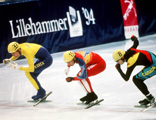 Canada's Frederic Blackburn (right) competes in the short track speed skating event at the 1994 Lillehammer Winter Olympics. (CP PHOTO/ COA/ Ted Grant)