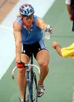 Canada's Curt Harnett (right) celebrates the bronze medal he won in the sprint cycling event at the 1996 Atlanta Summer Olympic Games. (CP Photo/ COA/Mike Ridewood)