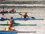 Canada's Caroline Brunet (3) competing in the kayak event at the 1992 Olympic games in Barcelona. (CP PHOTO/ COA/ F.S. Grant)
