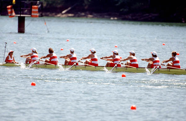 Canada's women's 8+ rowing team are seen at the 1996 Atlanta Olympic Games. (CP Photo/ COA/Claus Andersen )