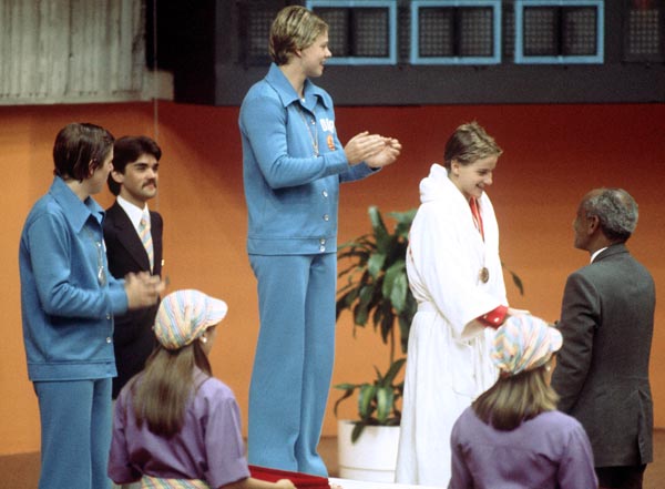 Canada's Nancy Garapick (right) celebrates her bronze medal win in the women's swimming event at the 1976 Olympic games in Montreal. (CP PHOTO/ COA/RW)