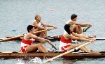 Canada's Betty Craig and Tricia Smith (foreground) compete in the women's 2x rowing event at the 1976 Montreal Olympic Games. (CP Photo/COA)