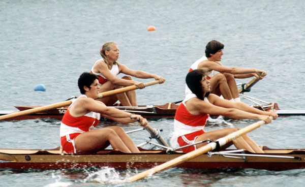Canada's Betty Craig and Tricia Smith (foreground) compete in the women's 2x rowing event at the 1976 Montreal Olympic Games. (CP Photo/COA)