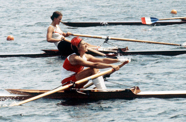 Canada's Colette Pepin (foreground) competes in the women's rowing event at the 1976 Montreal Olympic Games. (CP Photo/COA)