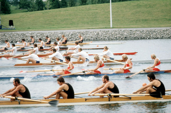 Canada's Ian Gordon, Phil Monckton, Andy Van Ruyven and Brian Dick (red and white) compete in the men's 4x rowing event at the 1976 Montreal Olympic Games. (CP Photo/COA)