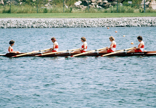 Canada's Barb Boettcher, Guylaine Bernier, Elaine Bourbeau, Johanne Delisle and Sandi Kirby compete in the women's 4+ rowing event at the 1976 Montreal Olympic Games. (CP Photo/COA)