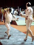 The score board for the fencing event shows Canadians Peter Urban (1st) and Marc Lavoie (3rd) at the 1976 Montreal Olympic Games. (CP Photo/ COA)