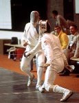 The score board for the fencing event shows Canadians Peter Urban (1st) and Marc Lavoie (3rd) at the 1976 Montreal Olympic Games. (CP Photo/ COA)