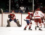 Canada's Mario Gosselin (goalie) stops Pavel Richter of Czechoslovakia during hockey action at the 1984 Winter Olympics in Sarajevo. (CP PHOTO/ COA/O. Bierwagon )
