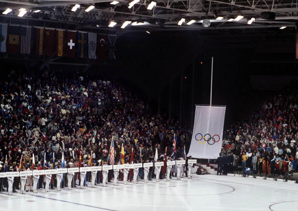 Participants line-up during the opening ceremony of the 1984 winter Olympic Games in Sarajevo. (CP Photo/ COA/J. Merrithew)