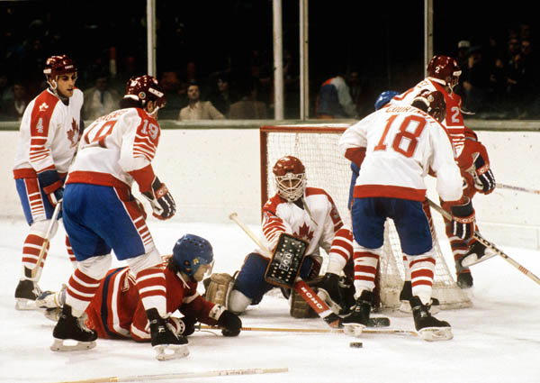(From left to right) Canada's Doug Lidster, Dave Gagner, Mario Gosselin and Russ Courtnall competing in the hockey event against Czechoslovakia at the 1984 Winter Olympics in Sarajevo. (CP PHOTO/ COA/O. Bierwagon )