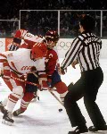 Canada's David Tippett (#8) takes a face-off during hockey action against the USSR at the 1984 Winter Olympics in Sarajevo. (CP PHOTO/ COA/O. Bierwagon )