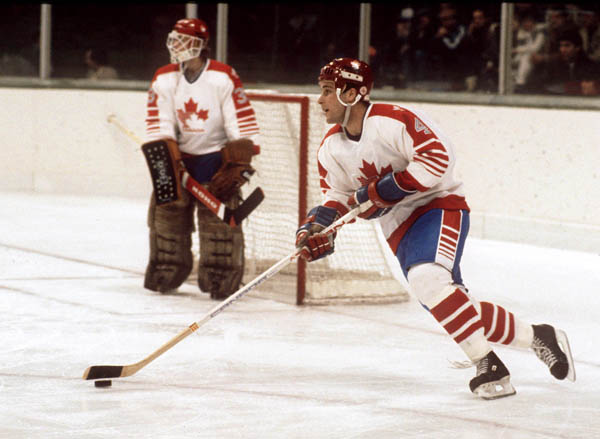 Canada's Doug Lidster heads for the opponent's net as goalie Mario Gosselin looks on during hockey action against Czechoslovakia at the 1984 Winter Olympics in Sarajevo. (CP PHOTO/ COA/O. Bierwagon )