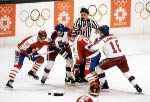 Canada's Dave Tippett (right) competing in the hockey event against Sweden at the 1984 Winter Olympics in Sarajevo. (CP PHOTO/ COA/O. Bierwagon )