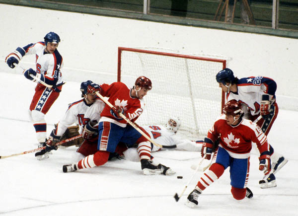 Team Canada competes in hockey action against the United States at the 1984 Winter Olympics in Sarajevo. (CP PHOTO/ COA/O. Bierwagon )
