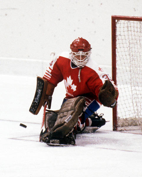 Canada's Mario Gosselin makes a save during hockey action against the United States at the 1984 Winter Olympics in Sarajevo. (CP PHOTO/ COA/O. Bierwagon )