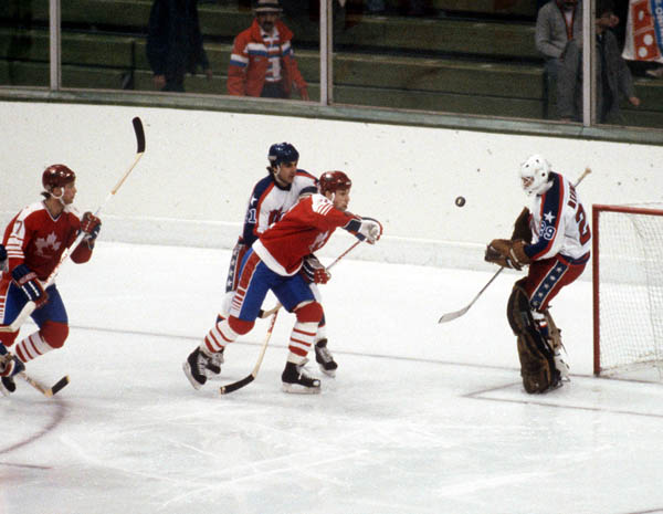 Team Canada competes in hockey action against the United States at the 1984 Winter Olympics in Sarajevo. (CP PHOTO/ COA/O. Bierwagon )
