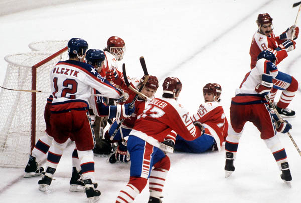 Team Canada competes in hockey action against the United States at the 1984 Winter Olympics in Sarajevo. (CP PHOTO/ COA/O. Bierwagon )