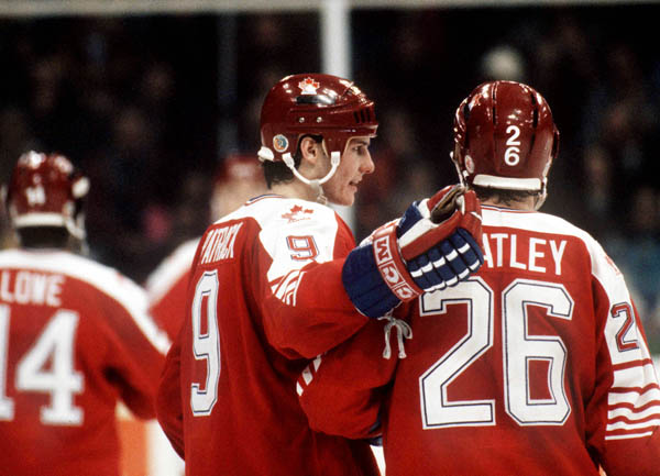 Canada's James Patrick (left) and Patrick Flatley exchange words during hockey action against the U.S.S.R. at the 1984 Winter Olympics in Sarajevo. (CP PHOTO/ COA/O. Bierwagon )