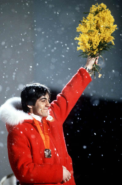 Canada's Gaetan Boucher celebrates after winning the bronze medal in the speed skating event at the 1984 Winter Olympics in Sarajevo. (CP PHOTO/ COA/O. Bierwagon)