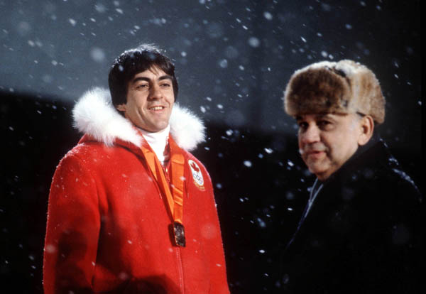 Canada's Gaetan Boucher (left) celebrates after winning the bronze medal in the speed skating event at the 1984 Winter Olympics in Sarajevo. (CP PHOTO/ COA/O. Bierwagon)