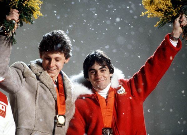 Canada's Gaetan Boucher (right) celebrates after winning the bronze medal in the speed skating event at the 1984 Winter Olympics in Sarajevo. (CP PHOTO/ COA/O. Bierwagon)