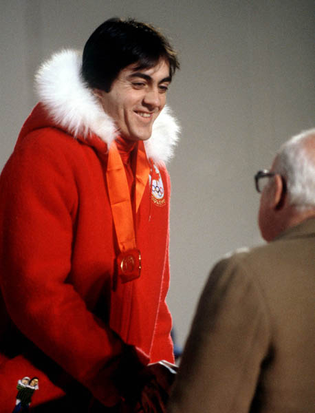 Canada's Gaetan Boucher celebrates after winning the bronze medal in a speed skating at the 1984 Winter Olympics in Sarajevo. (CP PHOTO/ COA/O. Bierwagon)