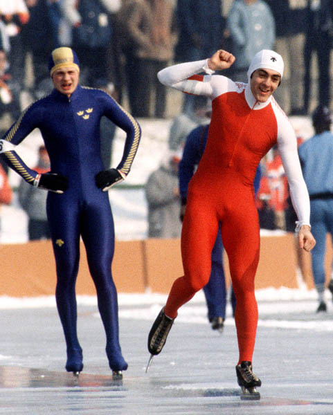 Canada's Gaetan Boucher (right) participates in a speed skating event at the 1984 Winter Olympics in Sarajevo. (CP PHOTO/COA/O. Bierwagon)