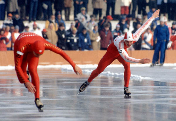 Canada's Jaques Thibault (right) participates in a speed skating event at the 1984 Winter Olympics in Sarajevo. (CP PHOTO/COA/O. Bierwagon)